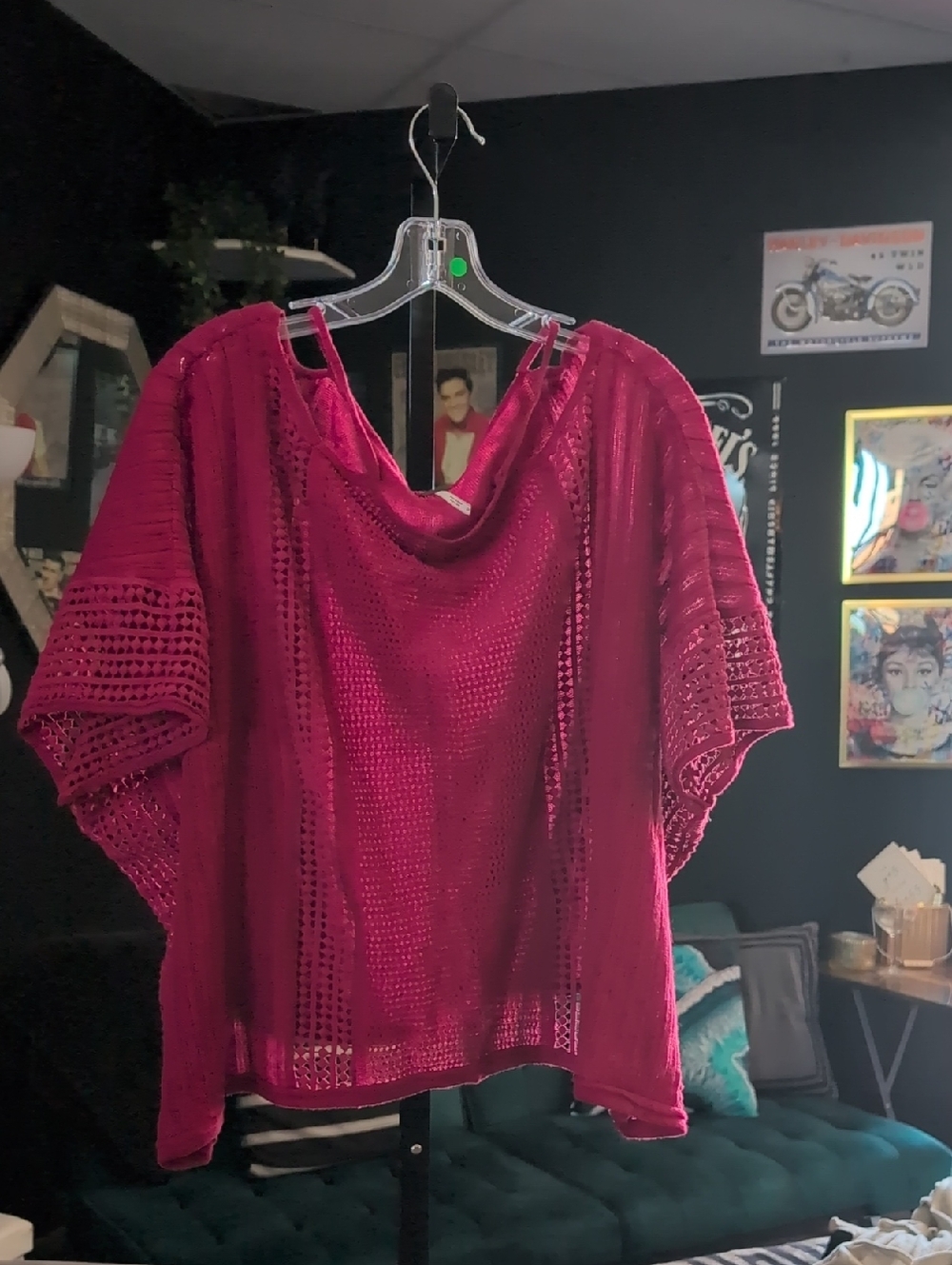 Free People Crochet Openwork Poncho Sweater - Magenta